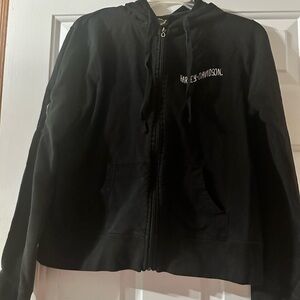 Harley-Davidson Black Zip Up Hoodie with Y2K‎ style design on arm and back